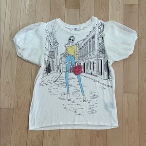 Love + Lace graphic puff sheer sleeve blouse size Small